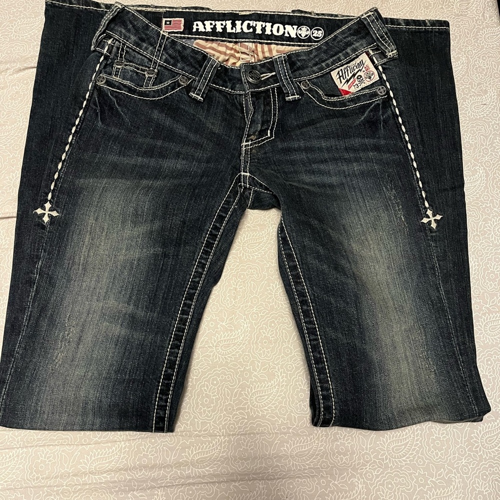 Affliction jeans. Low rise, size 25. Only a very slight amount of stretch.